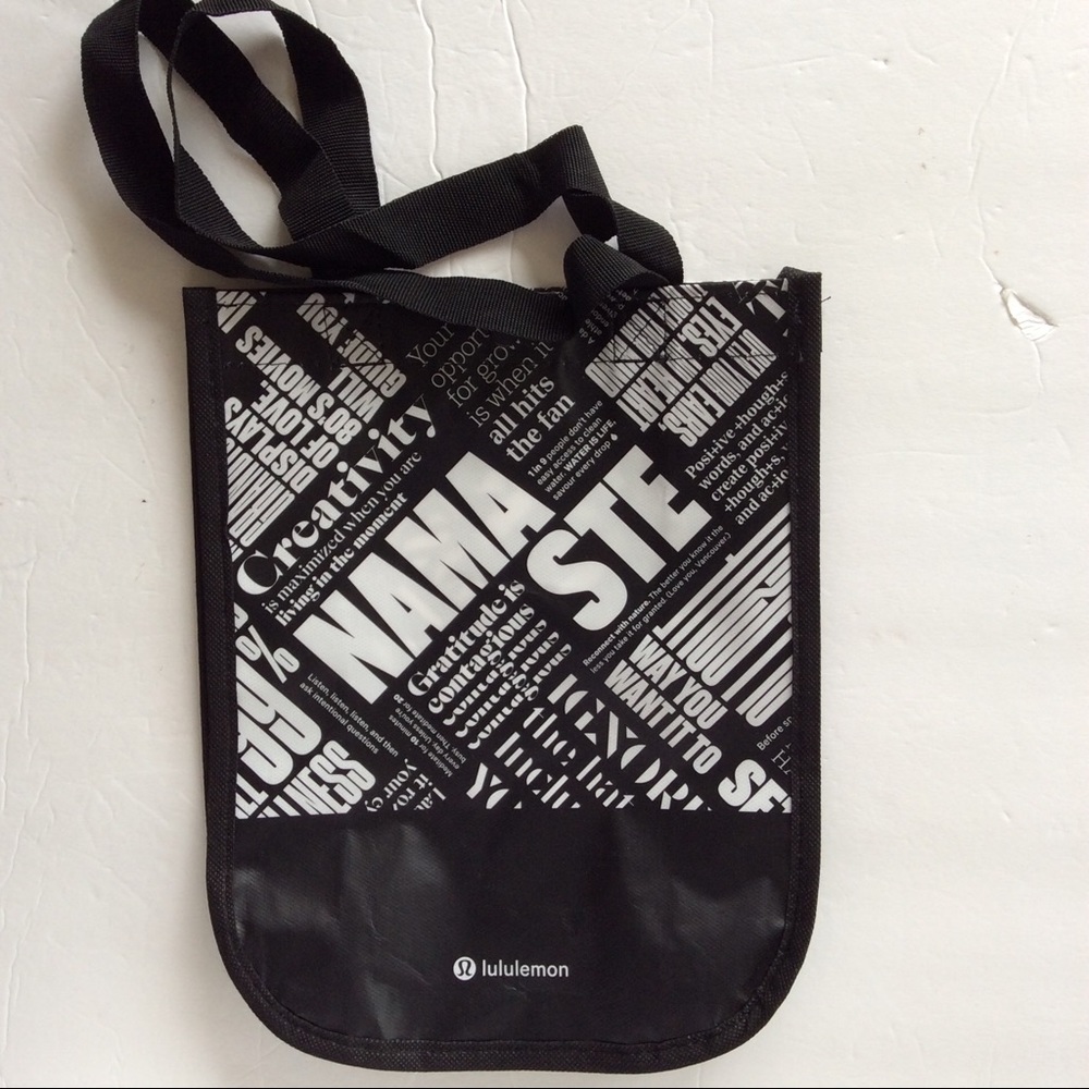 LULULEMON NAMASTE BLACK AND WHITE SMALL MANIFESTO  SHOPPING TOTE BAG